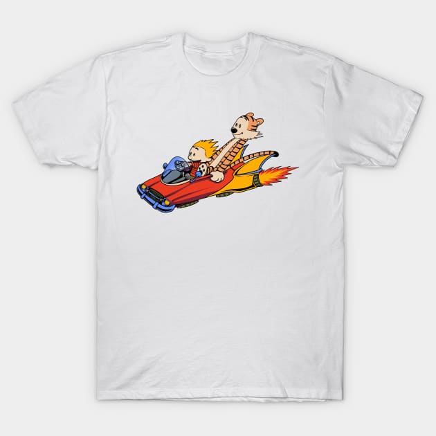 Calvin and Hobbes Riding a Car T-Shirt by soggyfroggie